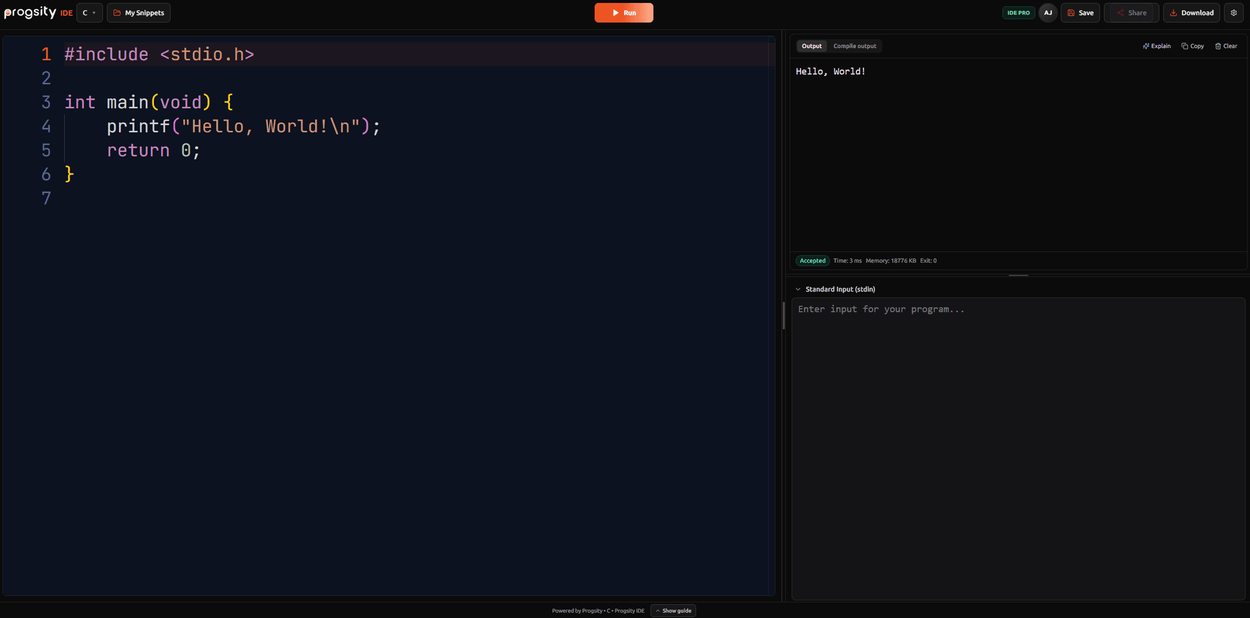 Progsity Playground running a C program in the browser, with the code editor on the left and the output panel on the right showing Hello, World! and an Accepted verdict.
